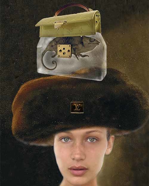 painting of Bella Hadid in Louis Vuitton